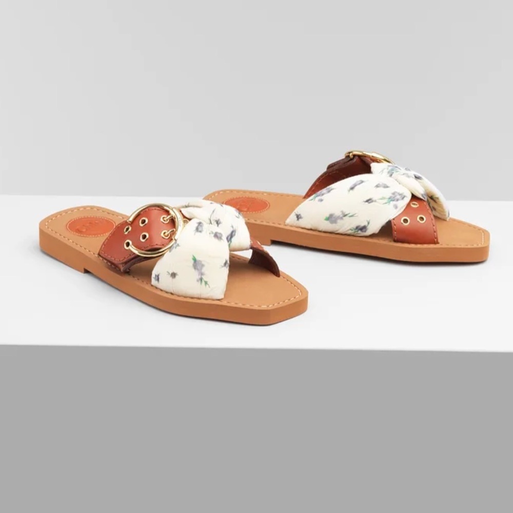 Chloe Woody Embellished Floral Slides Size 38